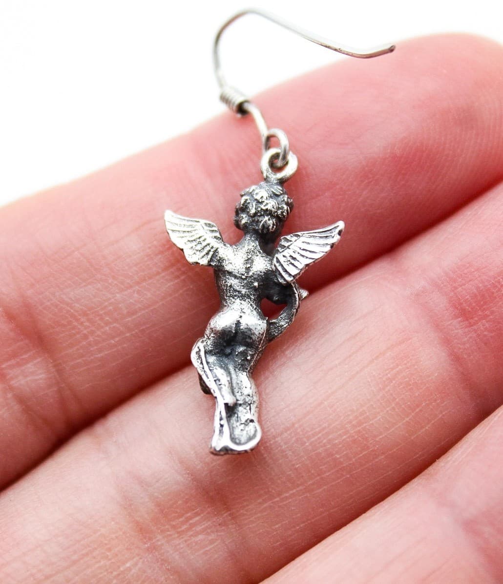 Vintage 925 Sterling Silver Cherub Angel Trumpet Dangle Drop Earrings - Thumbnail 5