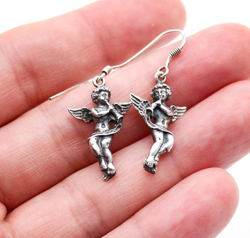 Vintage 925 Sterling Silver Cherub Angel Trumpet Dangle Drop Earrings - Thumbnail 6