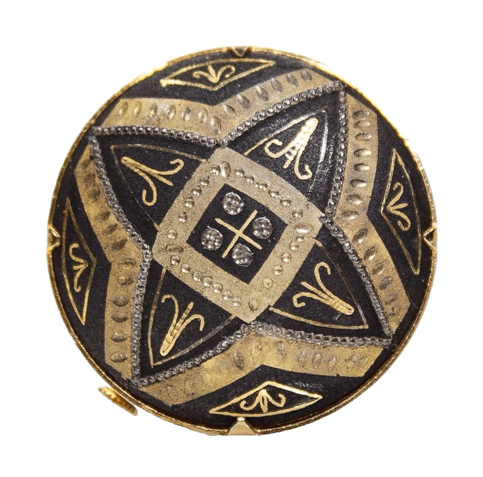 Vintage Damascene Dome Mourning Etched Round Made In Spain Pin Brooch