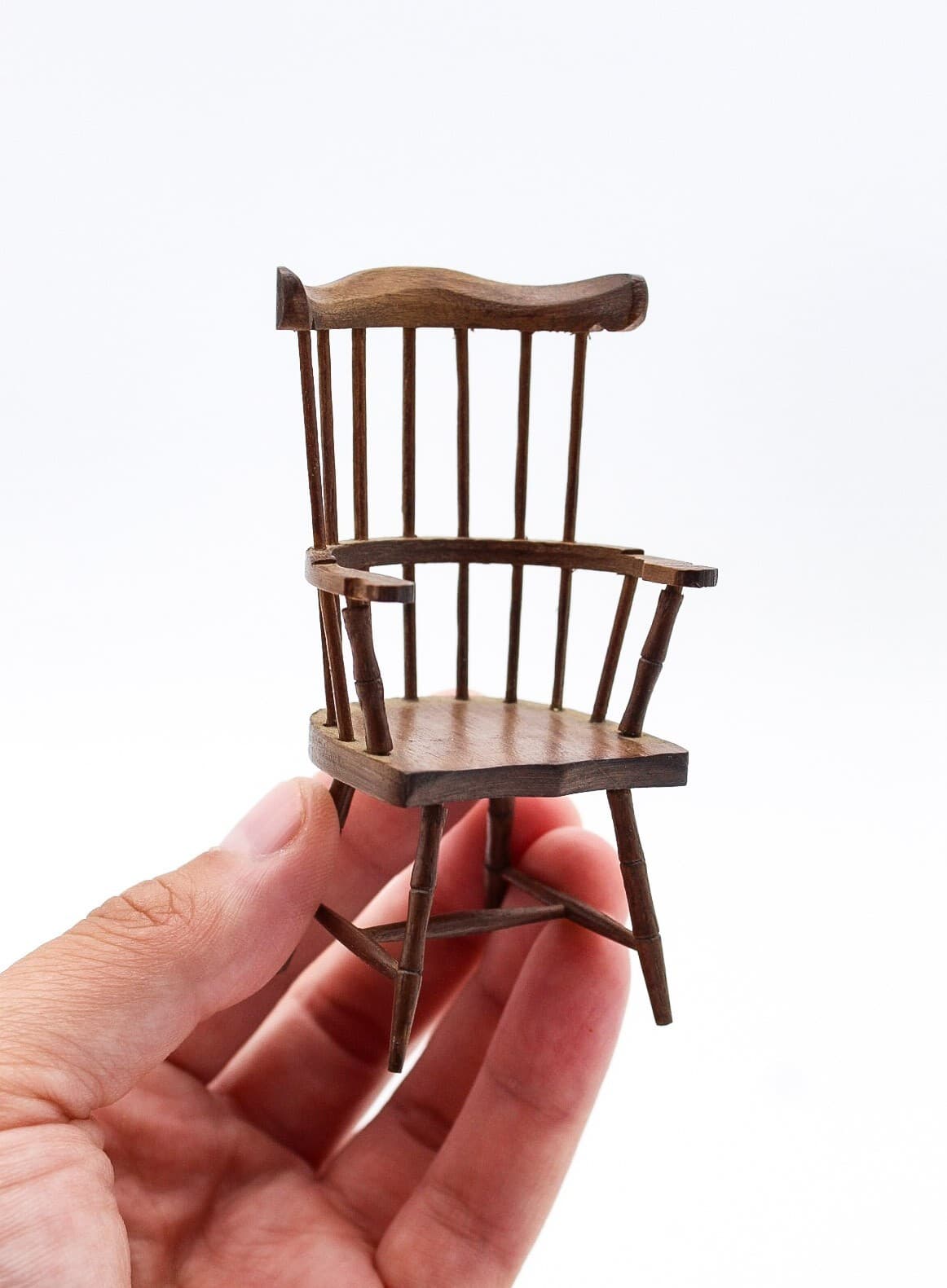 Vintage 1970s Dollhouse Miniature Natural Wood Windsor Comb Back Armchair 1:12 - Thumbnail 2