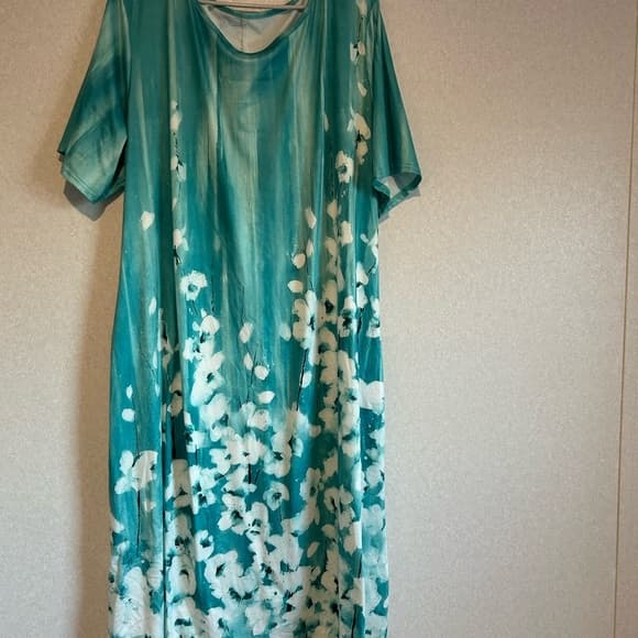 Women’s Plus Size Tee Shirt Summer Dress, Teal And White Flowers Size 3XL - Thumbnail 5