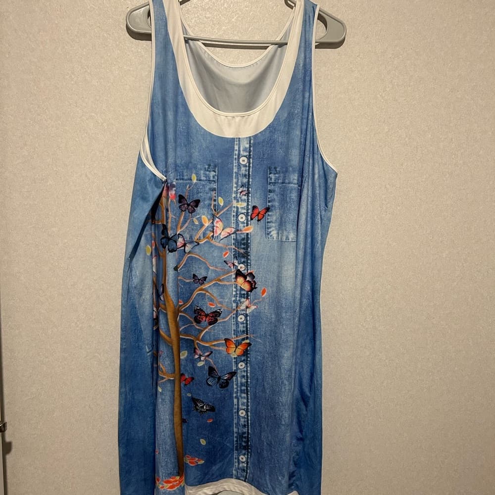 Women’s Plus Size Denim And Butterfly Printed, Blue And White, Size 5xL, MIDI - Thumbnail 3