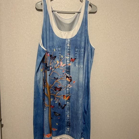 Women’s Plus Size Denim And Butterfly Printed, Blue And White, Size 5xL, MIDI - Thumbnail 4