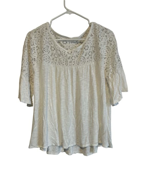 Women’s Ivory Lace Blouse, Lace On Top, Short Sleeve, Lightweight, Size Large - Thumbnail 4