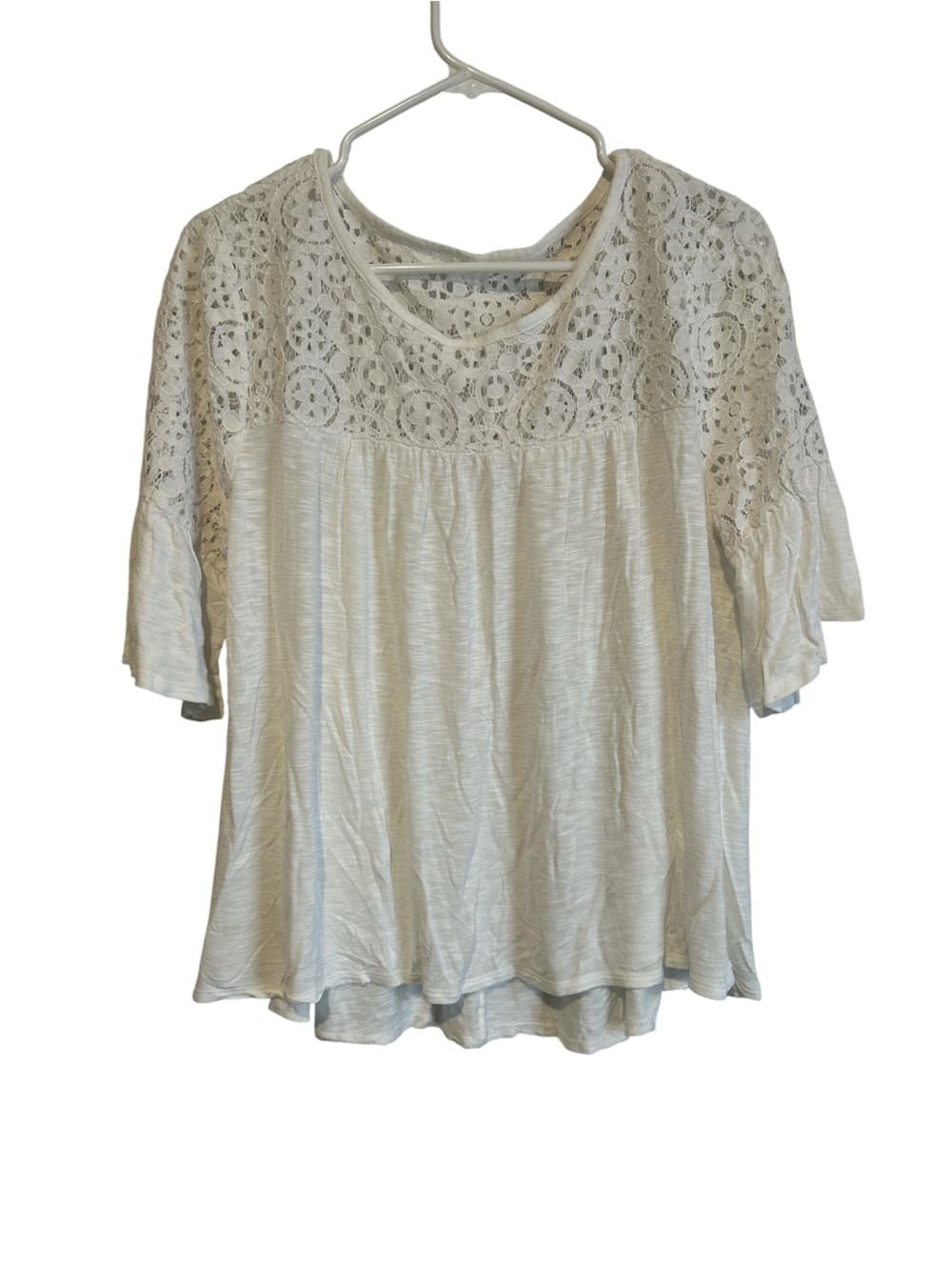 Women’s Ivory Lace Blouse, Lace On Top, Short Sleeve, Lightweight, Size Large - Thumbnail 3