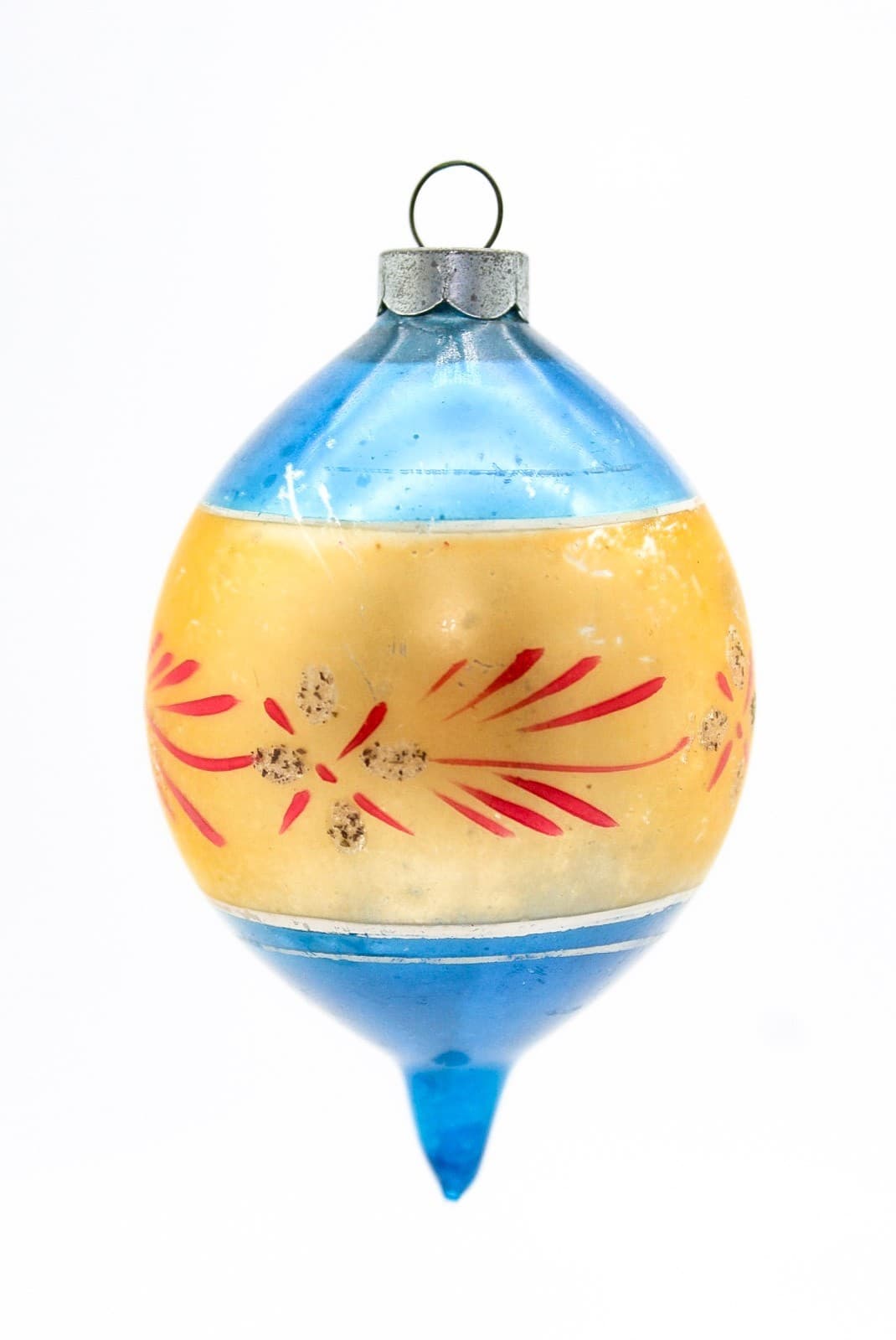 Vintage Poland Blue Gold Hand Painted Mercury Glass Teardrop Christmas Ornament