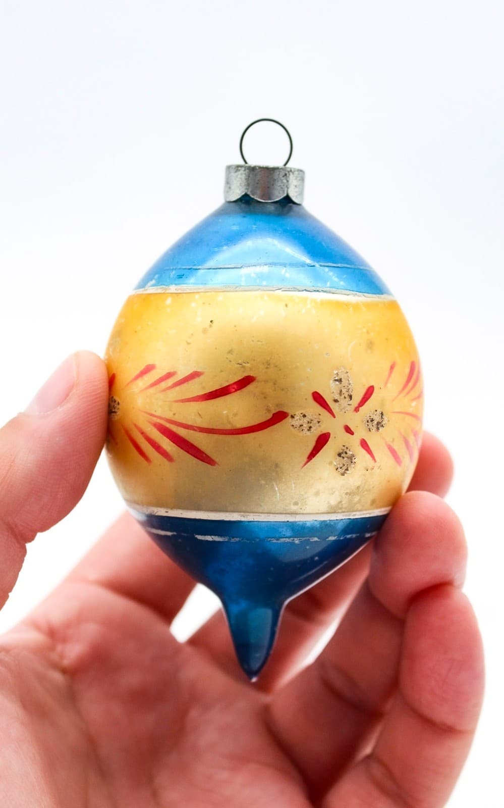 Vintage Poland Blue Gold Hand Painted Mercury Glass Teardrop Christmas Ornament - Thumbnail 2