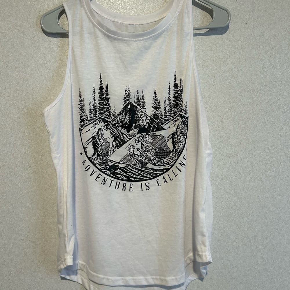 Women’s Black And Whit Tank Top, Adventure Is Calling, Size Large - Thumbnail 3