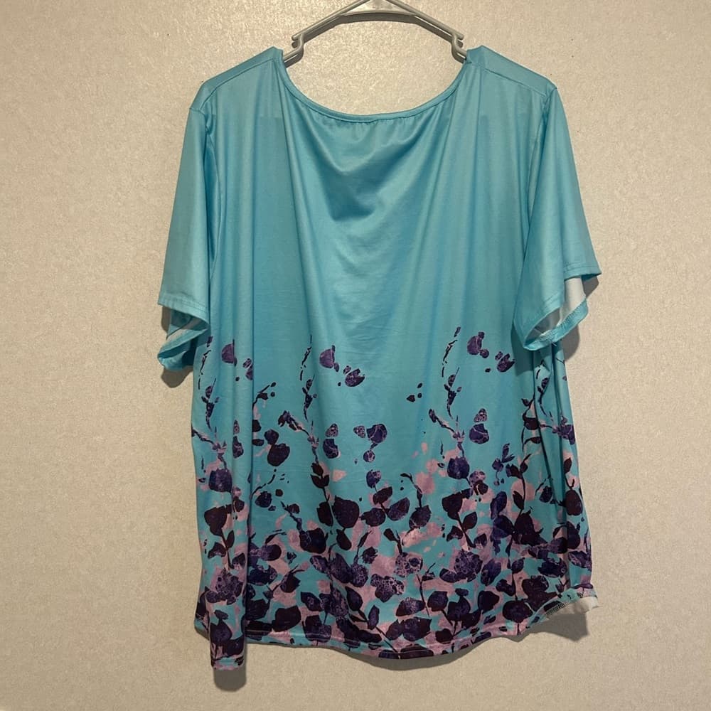 Women’s Plus Size Short Sleeve Tee Shirt, Blue And Purple Floral, 3XL - Thumbnail 2
