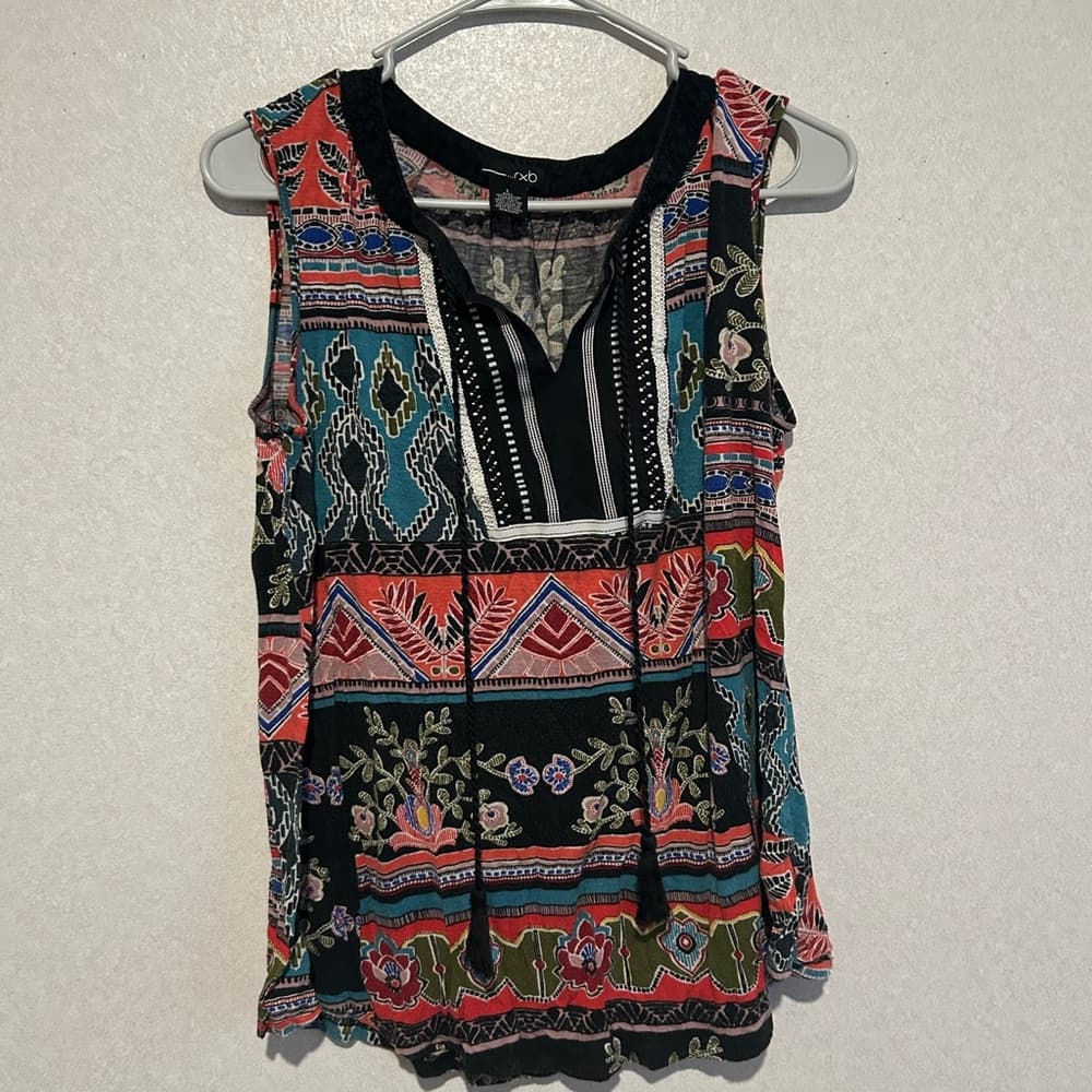 Women’s Boho Multicolor Tank Top With Draw String On The Front, Size Large - Thumbnail 3