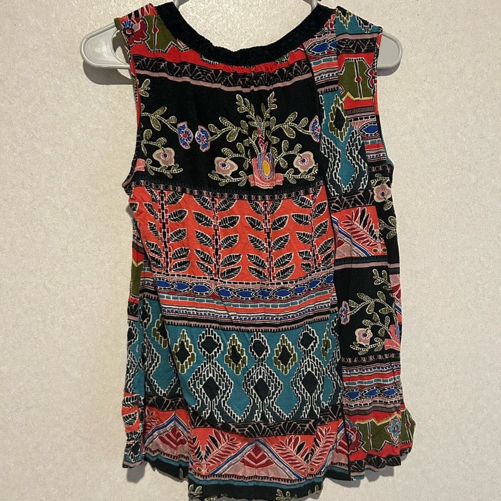Women’s Boho Multicolor Tank Top With Draw String On The Front, Size Large - Thumbnail 2