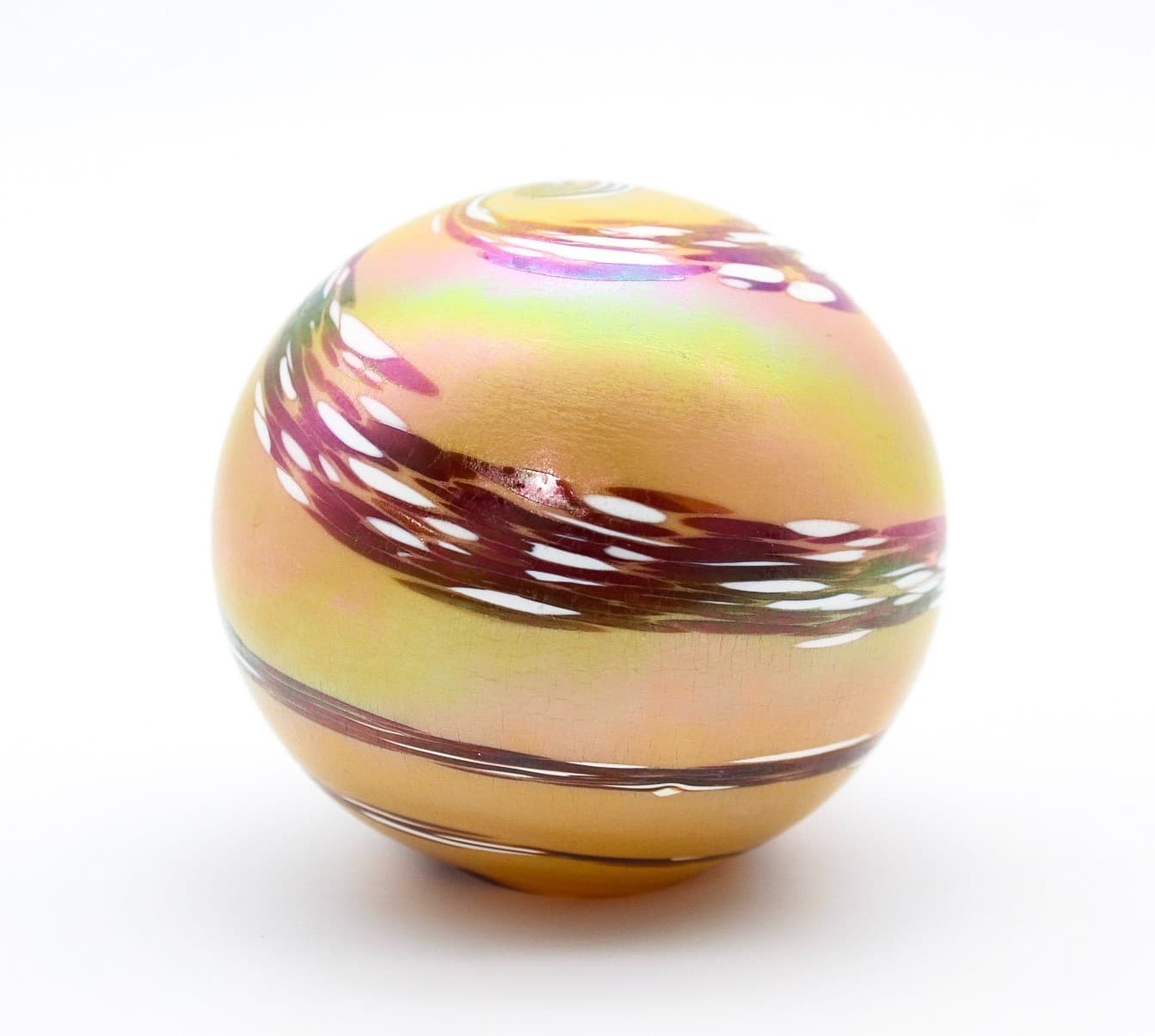 Vintage 1998 Iridescent White Swirl Gold Rosetree Art Glass Round Paperweight