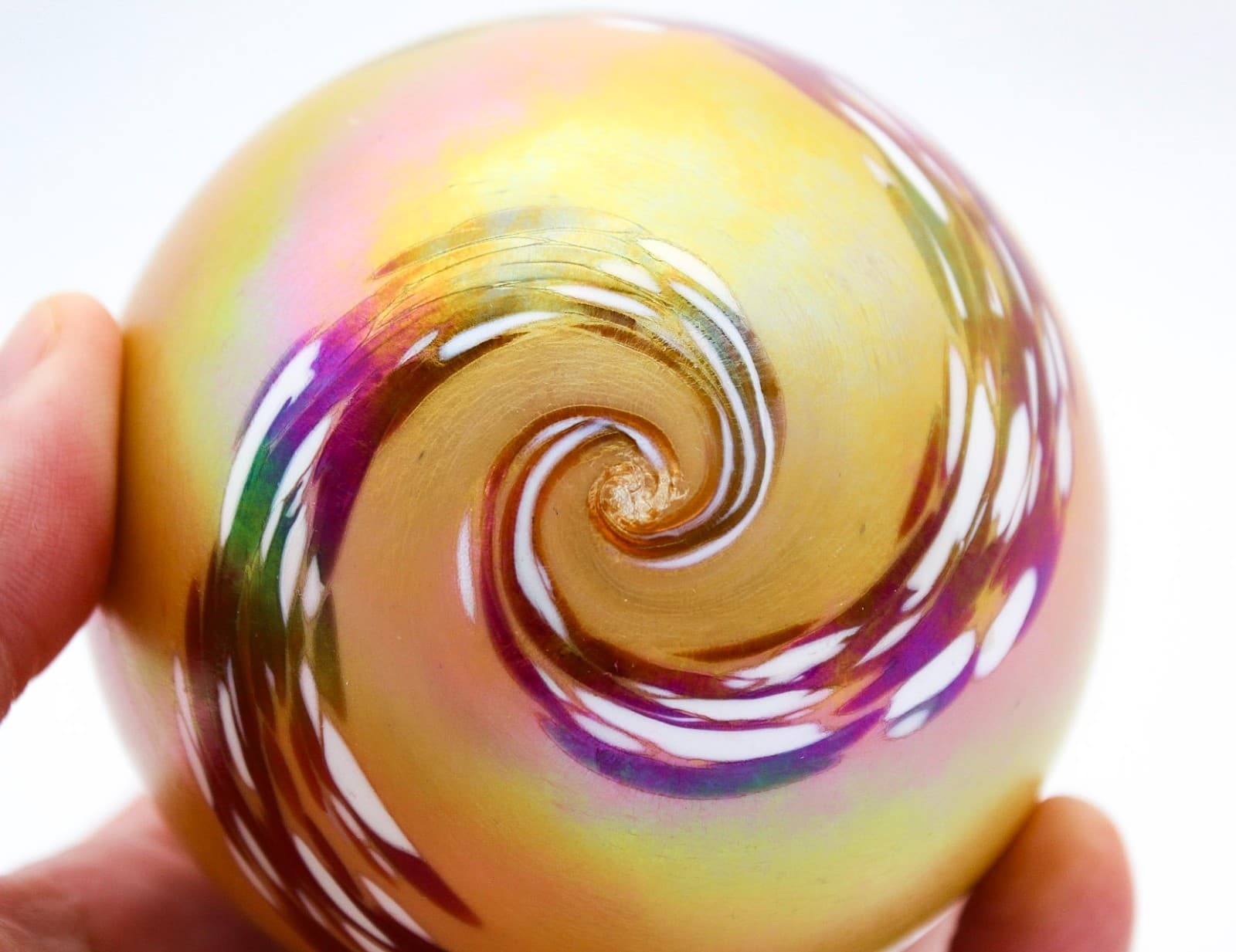 Vintage 1998 Iridescent White Swirl Gold Rosetree Art Glass Round Paperweight - Thumbnail 4