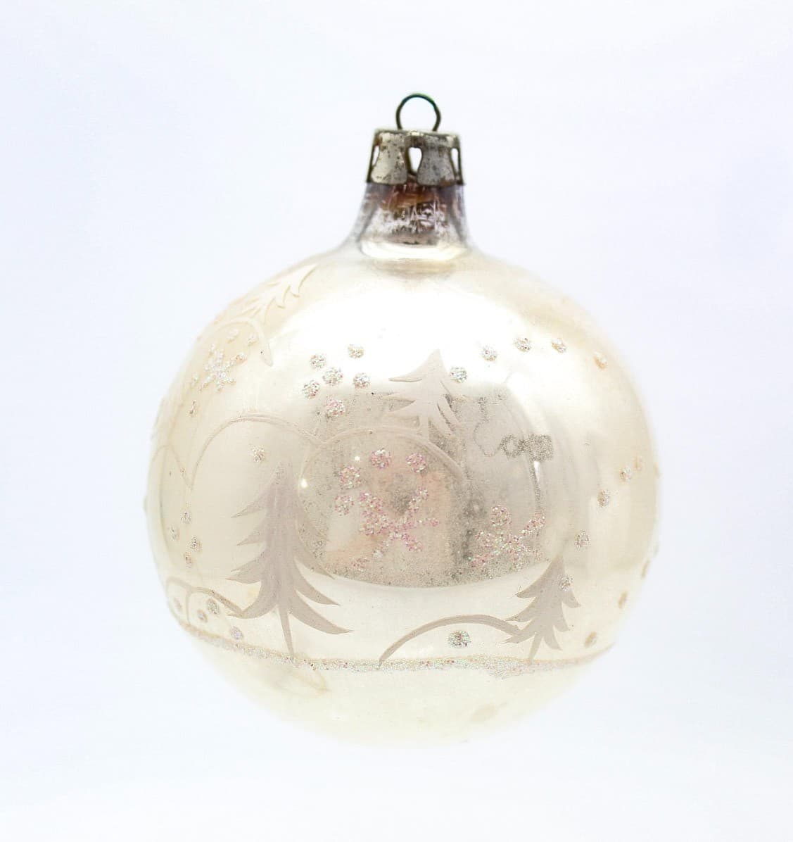 Vintage Poland White Mica Stencil Winter Tree Mercury Glass Christmas Ornament