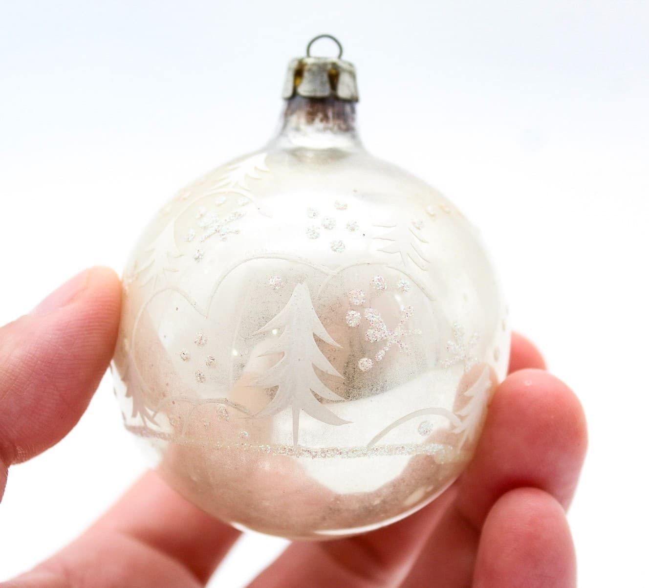 Vintage Poland White Mica Stencil Winter Tree Mercury Glass Christmas Ornament - Thumbnail 2