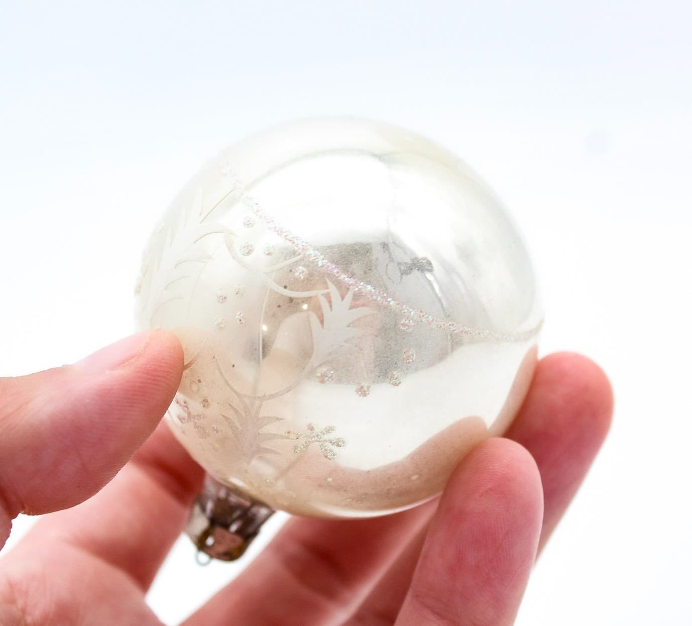 Vintage Poland White Mica Stencil Winter Tree Mercury Glass Christmas Ornament - Thumbnail 4