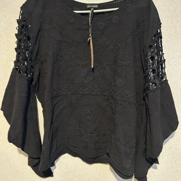 Coco + Carmen Embroidered floral crochet bell Sleeve Top Black Whimsigoth S/M - Thumbnail 6
