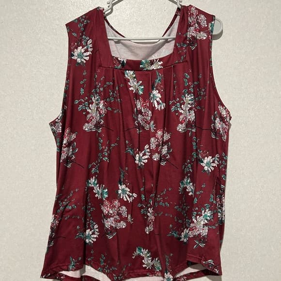 Women’s Plus Size Tank Top With Square Neck Maroon And Floral Size 5XL - Thumbnail 5