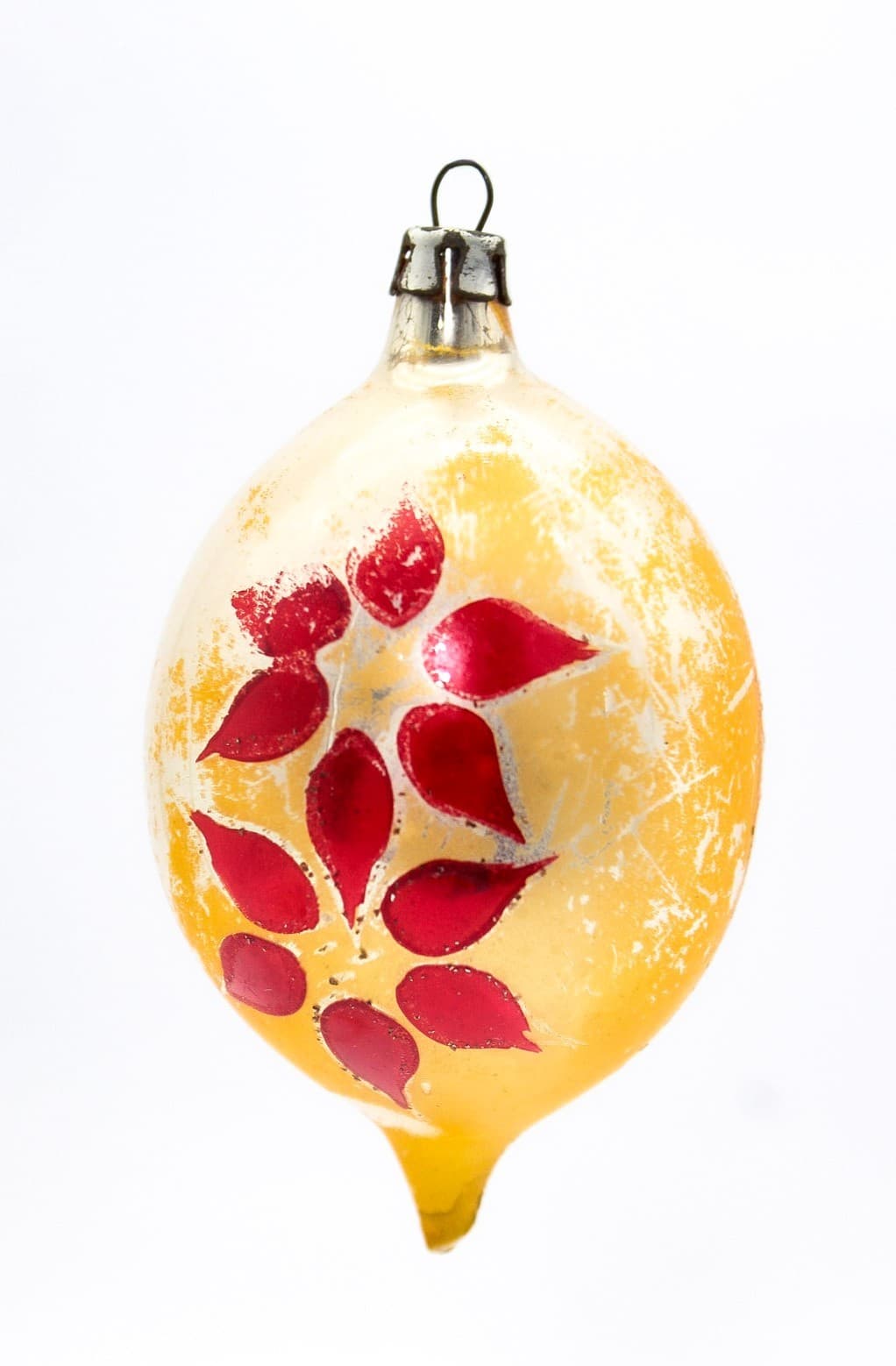 Vintage Poland Mercury Glass Teardrop Gold Poinsettia Christmas Ornament