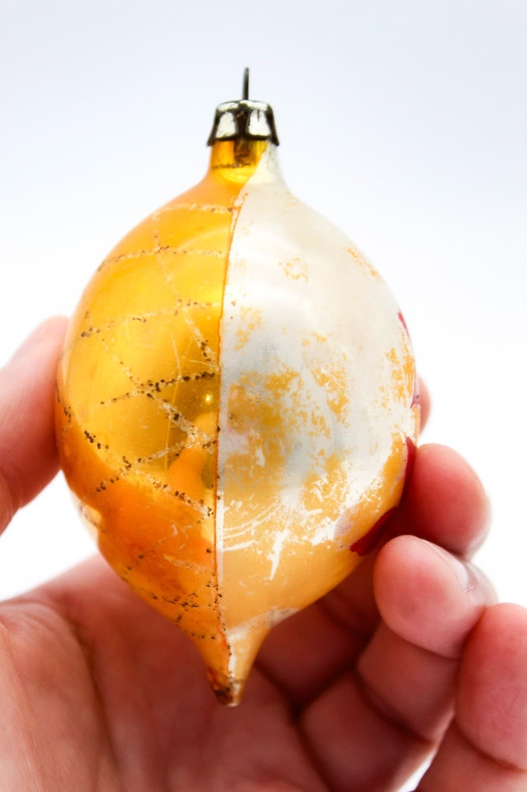 Vintage Poland Mercury Glass Teardrop Gold Poinsettia Christmas Ornament - Thumbnail 3