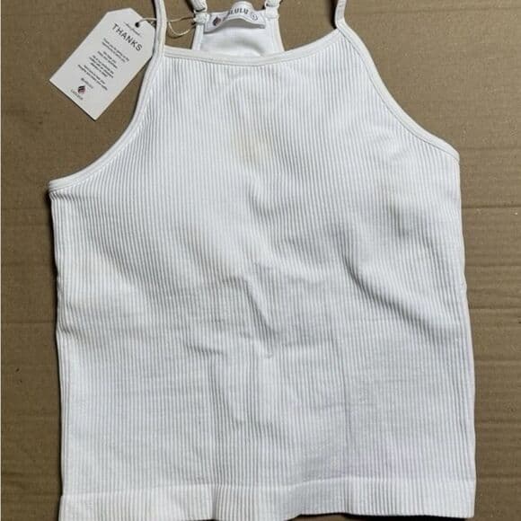 LASLULU White Ribbed Tank Top Sleeveless Crop Top Racerback Stretch Womens L - Thumbnail 4