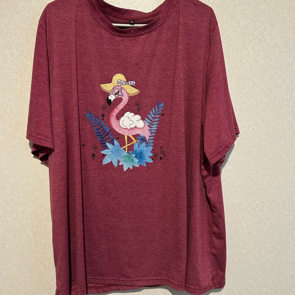 Women’s Plus Size Flamingo Short Sleeve T Shirt, Pink, Summer/Spring, 5XL - Thumbnail 3