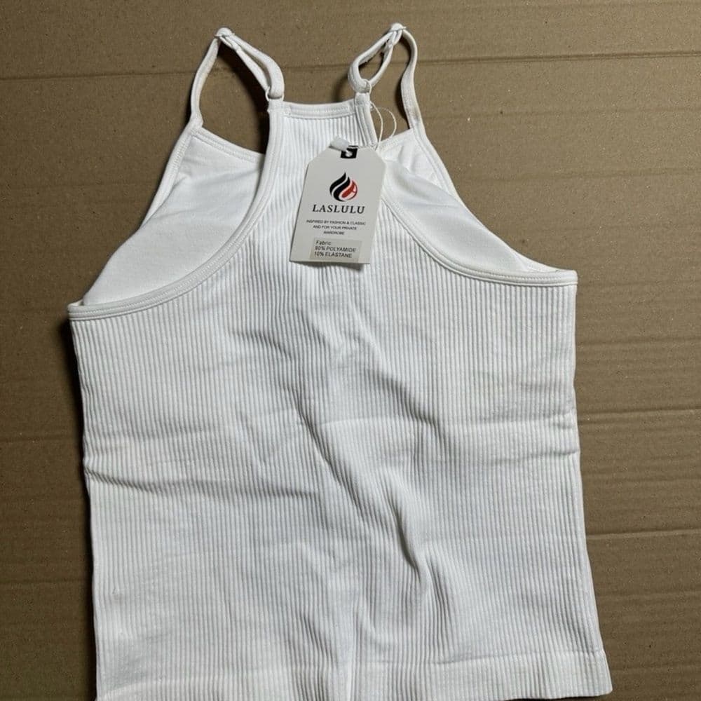 LASLULU White Ribbed Tank Top Sleeveless Crop Top Racerback Stretch Womens L