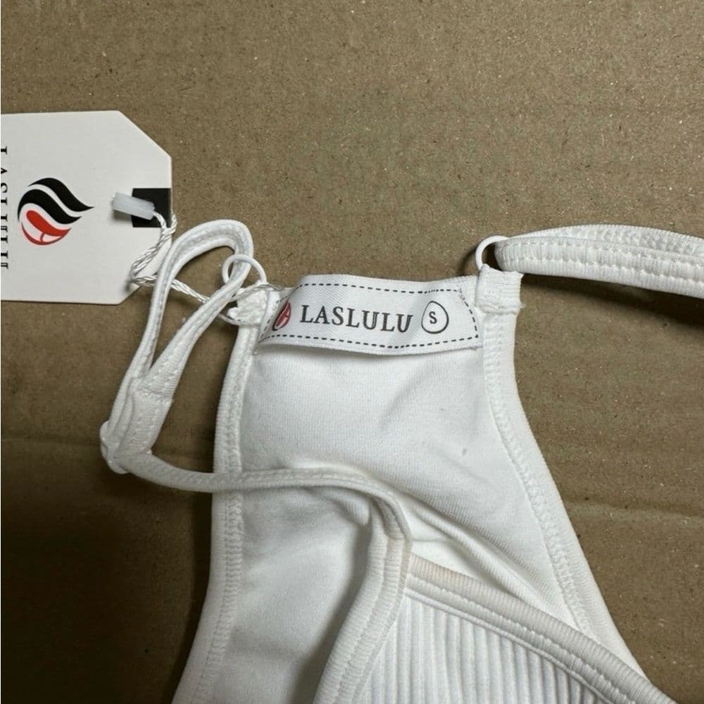 LASLULU White Ribbed Tank Top Sleeveless Crop Top Racerback Stretch Womens L - Thumbnail 2