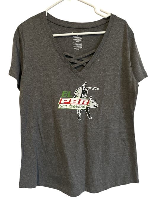 Women’s Boxercraft PBR Short Sleeve T-shirt Cross V Neck Front, Size XL - Thumbnail 5