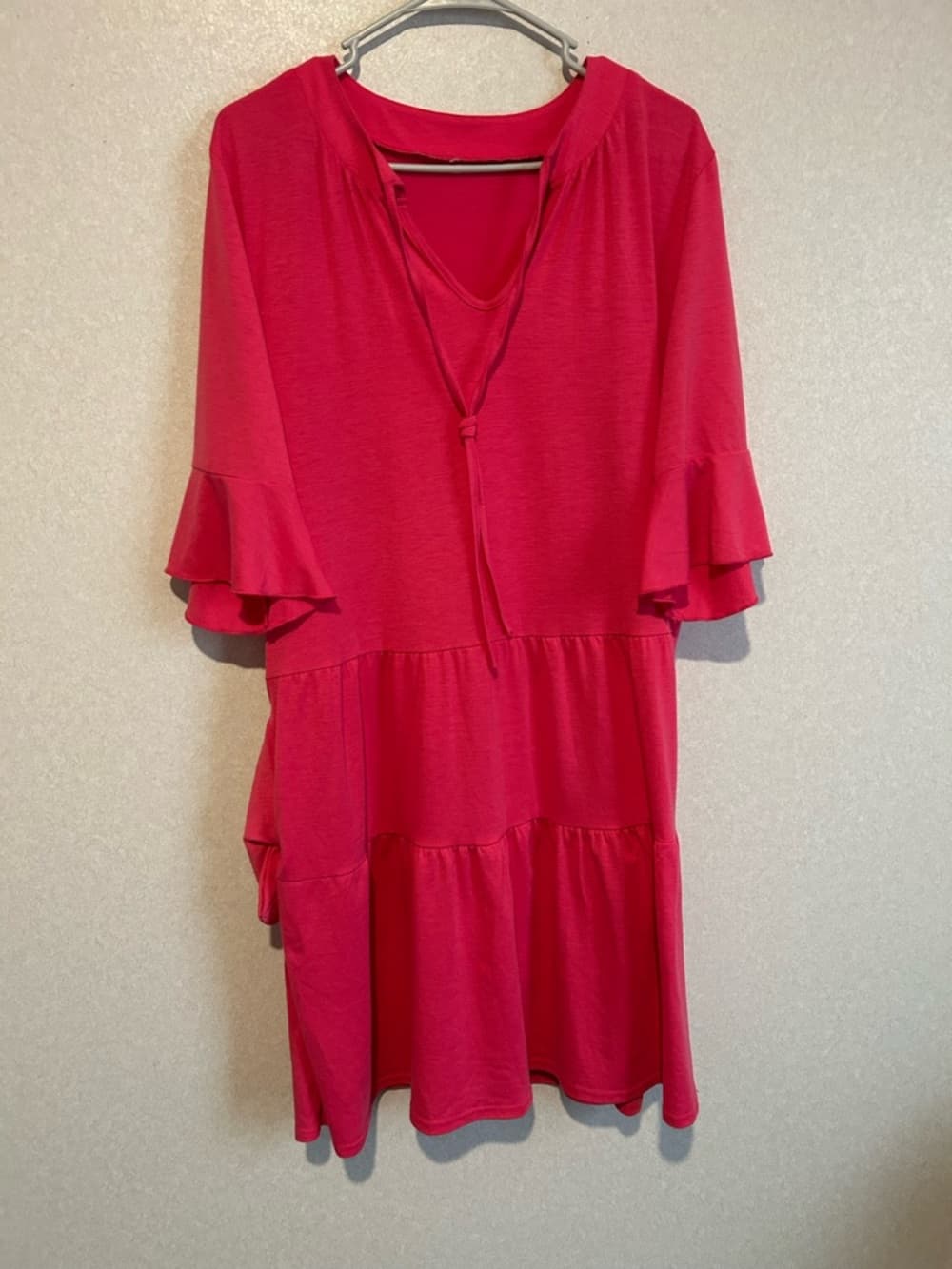 Women’s Pink Summer Dress With Pocket, V Neck, Ruffle Short Sleeve, Size XL - Thumbnail 4