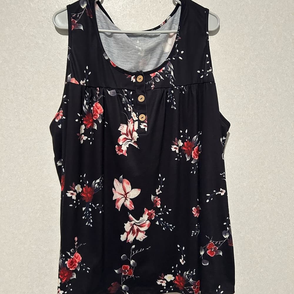 Women’s Plus Size Summer Tank Top, With A Black And Pink Floral Design, 5XL - Thumbnail 3