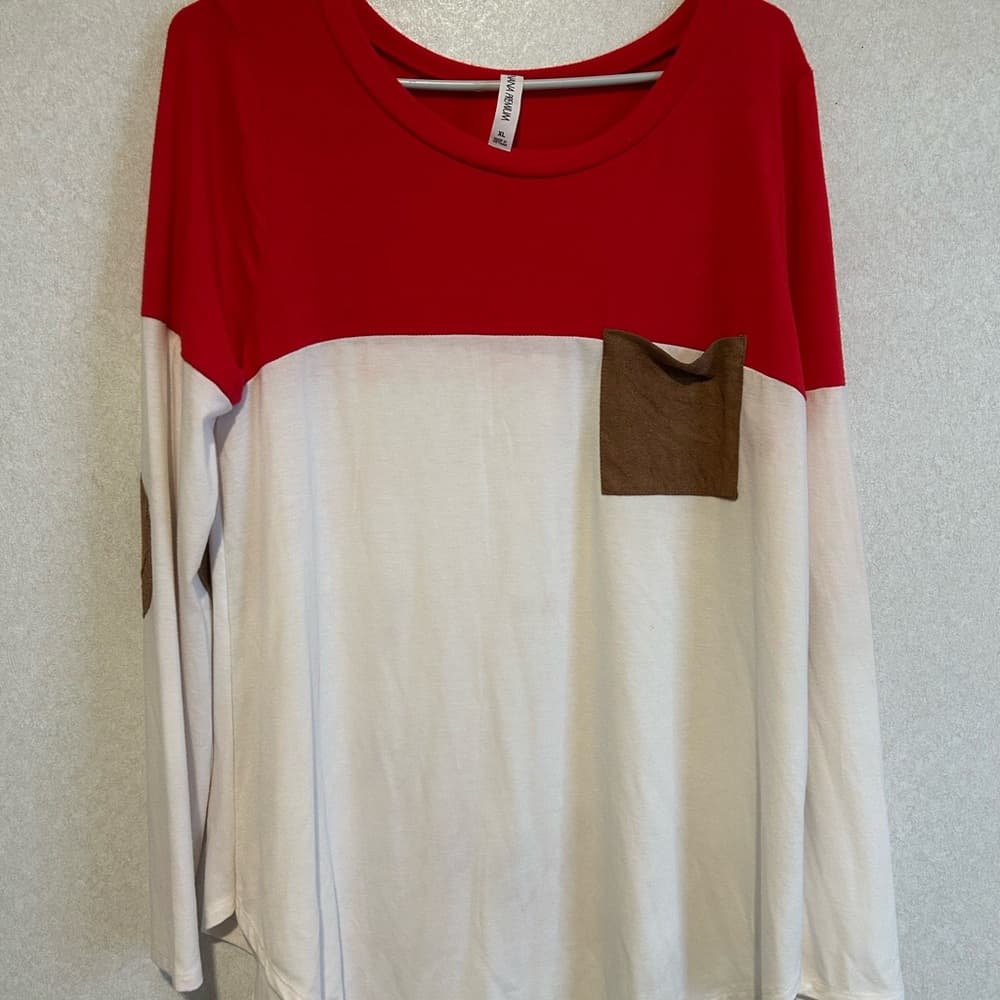 Women’s Casual Long Sleeve Tee, Red With Faux Leather Elbow Accents - Thumbnail 4