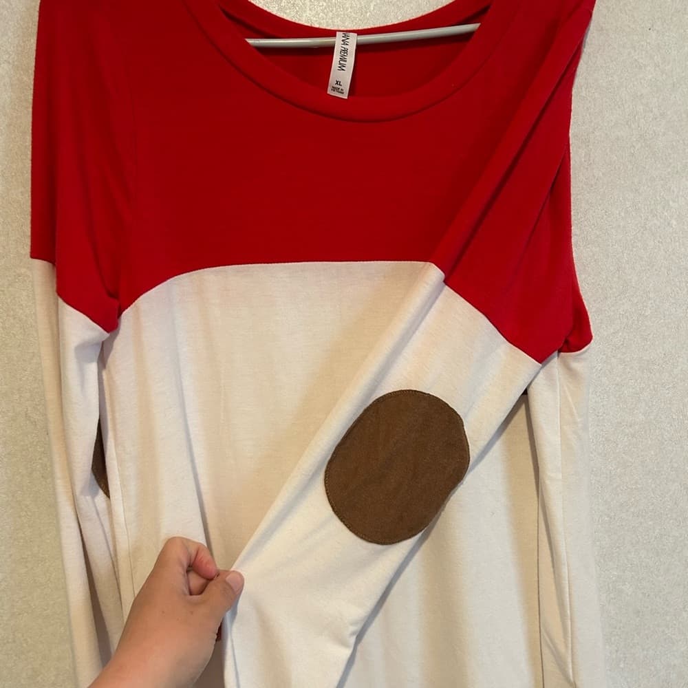 Women’s Casual Long Sleeve Tee, Red With Faux Leather Elbow Accents