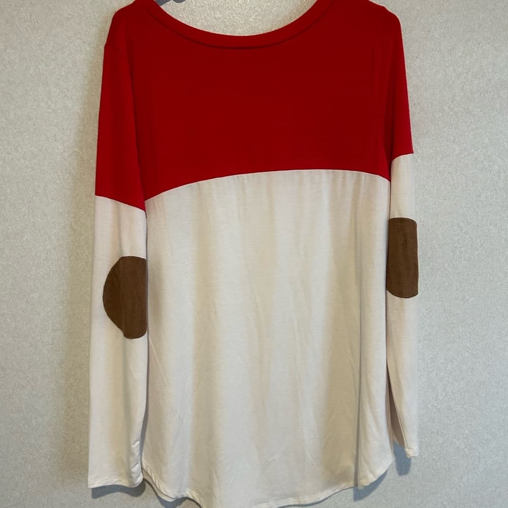Women’s Casual Long Sleeve Tee, Red With Faux Leather Elbow Accents - Thumbnail 3