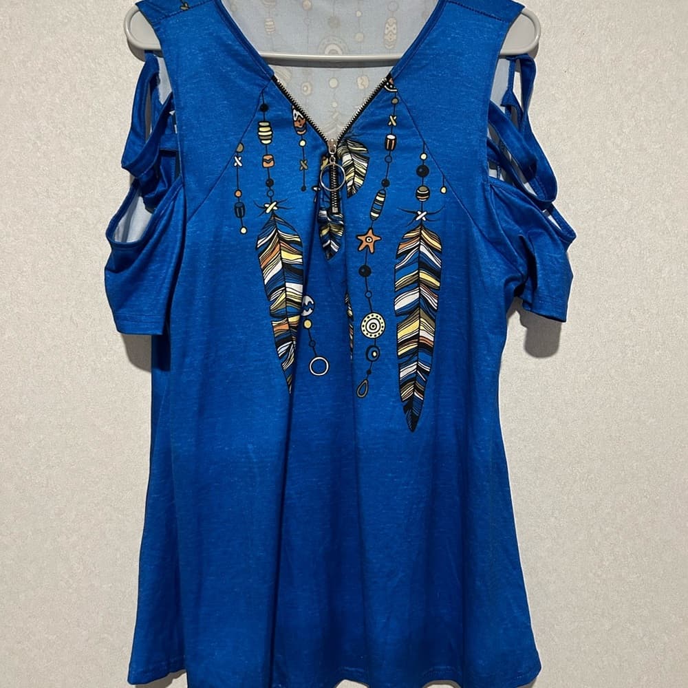 Women’s Short Sleeve, Open Sleeve, Plus Size Too, Blue Feathers Size 4XL - Thumbnail 3