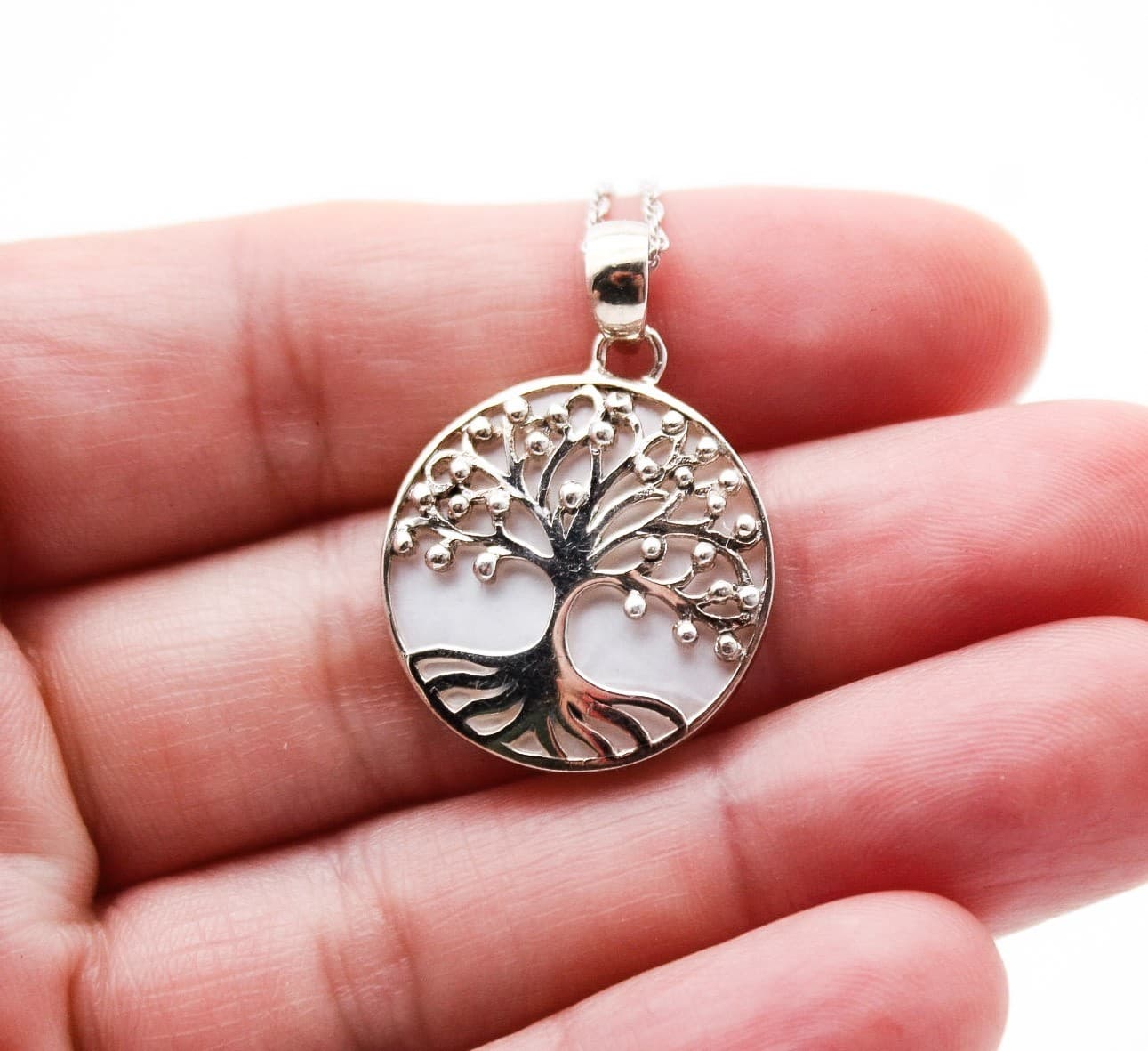 ATI Sterling Silver 925 Tree Of Life Mother Of Pearl Pendant Necklace 16" - Thumbnail 5