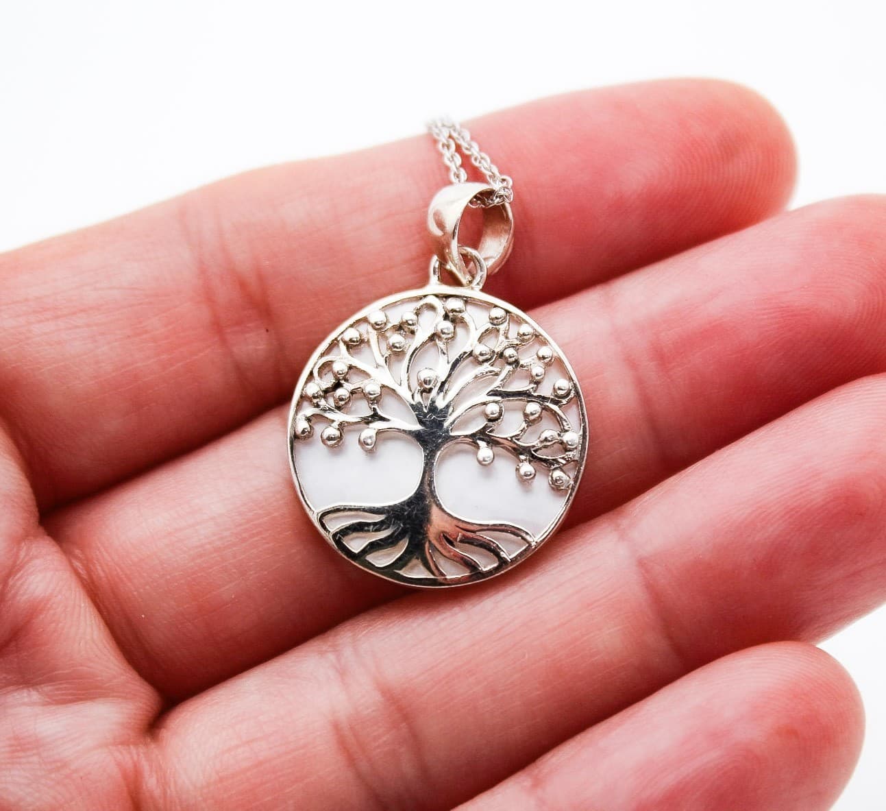 ATI Sterling Silver 925 Tree Of Life Mother Of Pearl Pendant Necklace 16" - Thumbnail 3