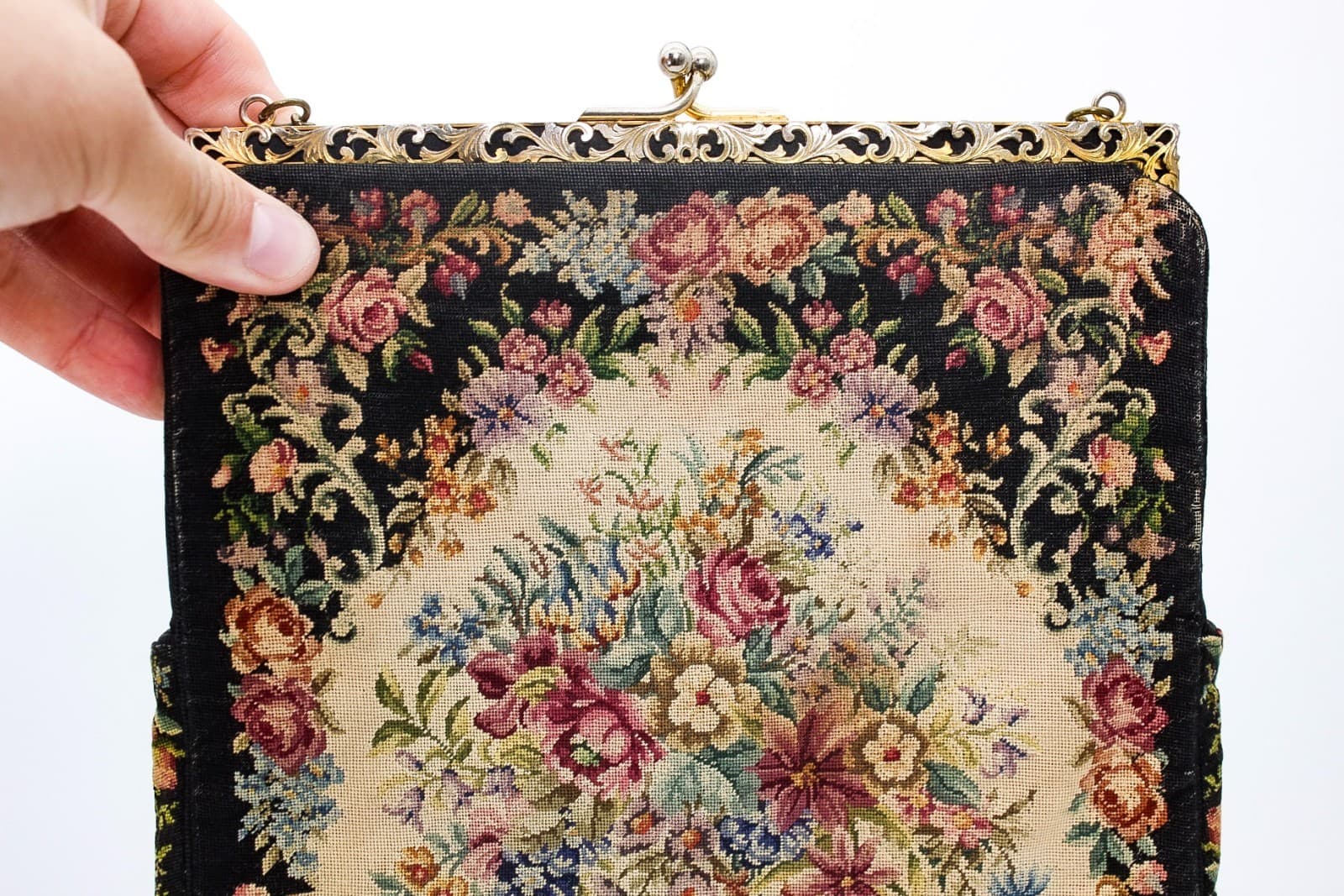 Vintage Spritzer Fuhrmann Austria Petit Point Needlepoint Floral Purse Bag - Thumbnail 2