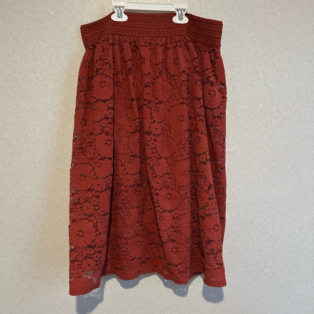 Women’s Knee High Lace Skirt, Floral Accents, Burnt Orange, Size Large - Thumbnail 3