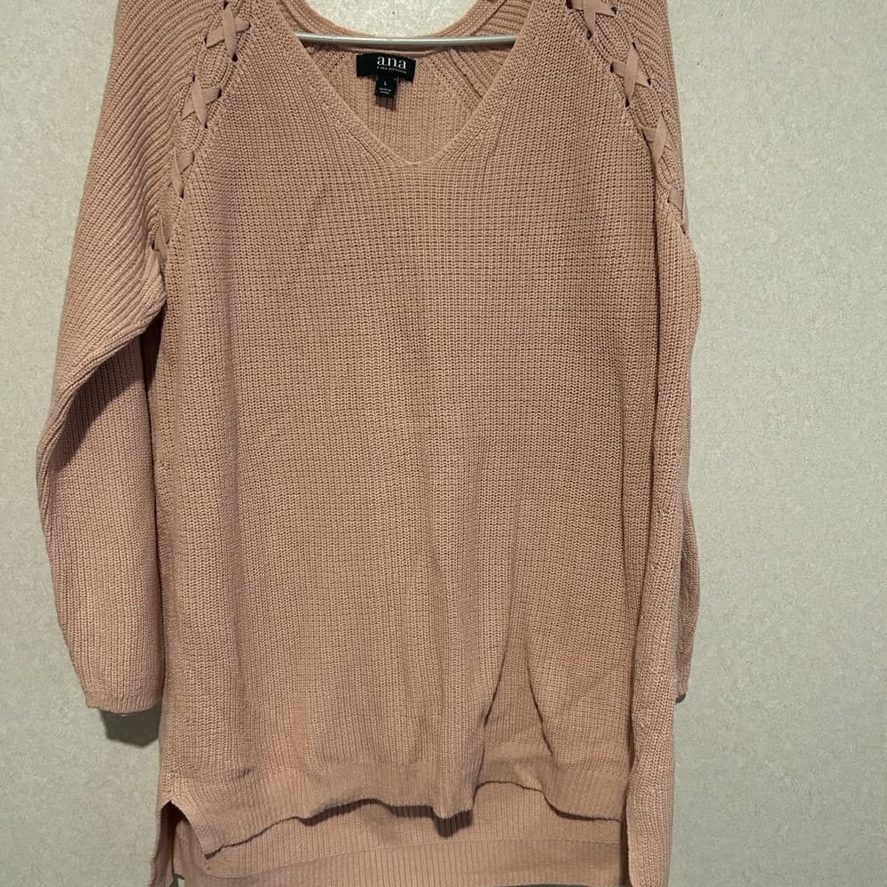 Women’s Baby Pink Pullover Sweater With Now Tie Accents On The Shoulder Large - Thumbnail 3