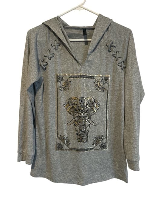 Women’s Emma Designs Size Large Long Sleeve Hooded Tess Shirt, Elephants - Thumbnail 4