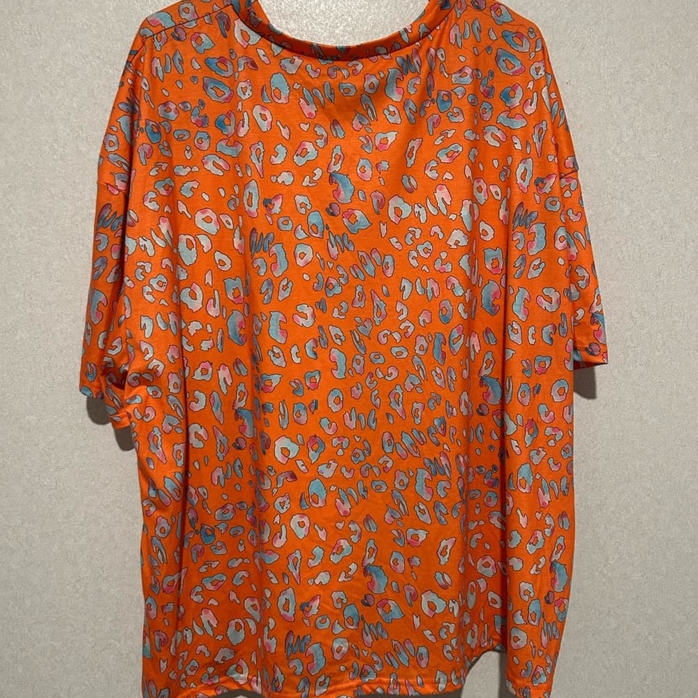 Women’s Plus Size Orange Leopard Print Tee Shirt, Short Sleeve, Size 5XL - Thumbnail 3