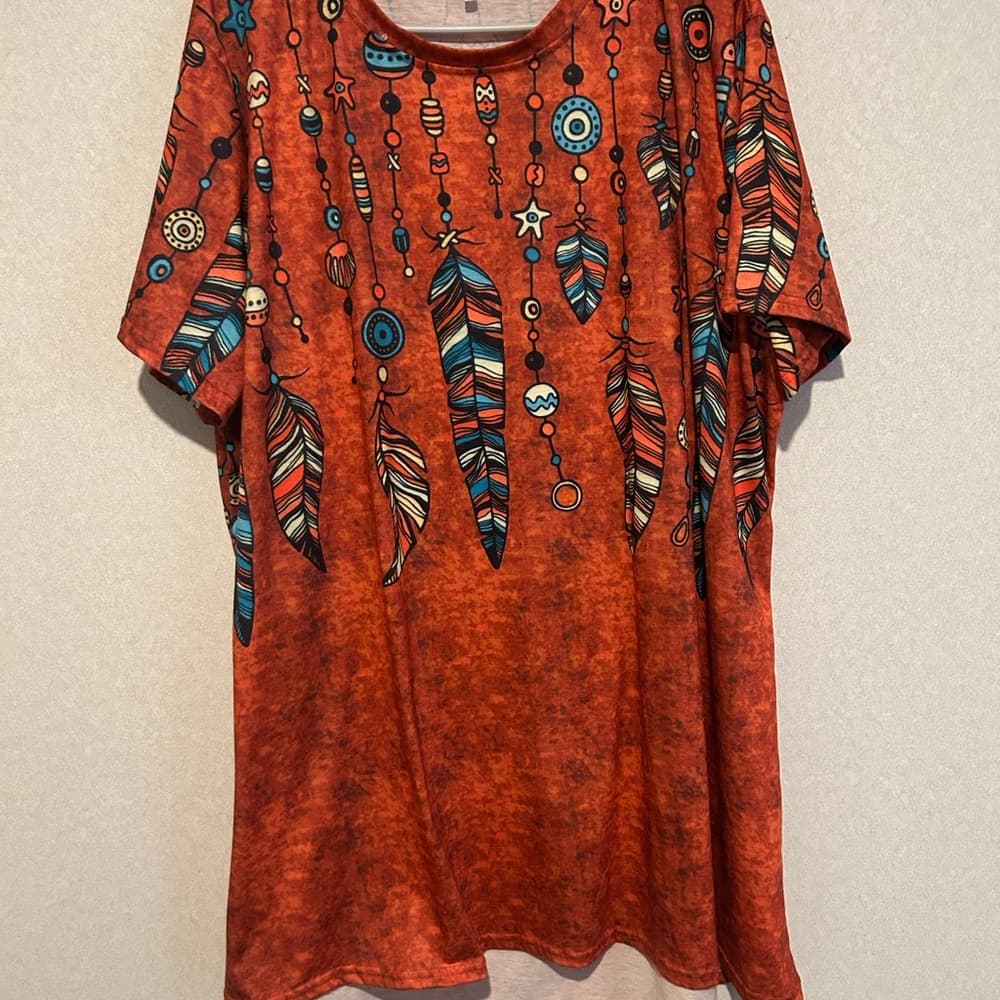 Women’s Plus Size Mini Dress Or Night Shirt, Boho Design With Feathers, 5XL - Thumbnail 3