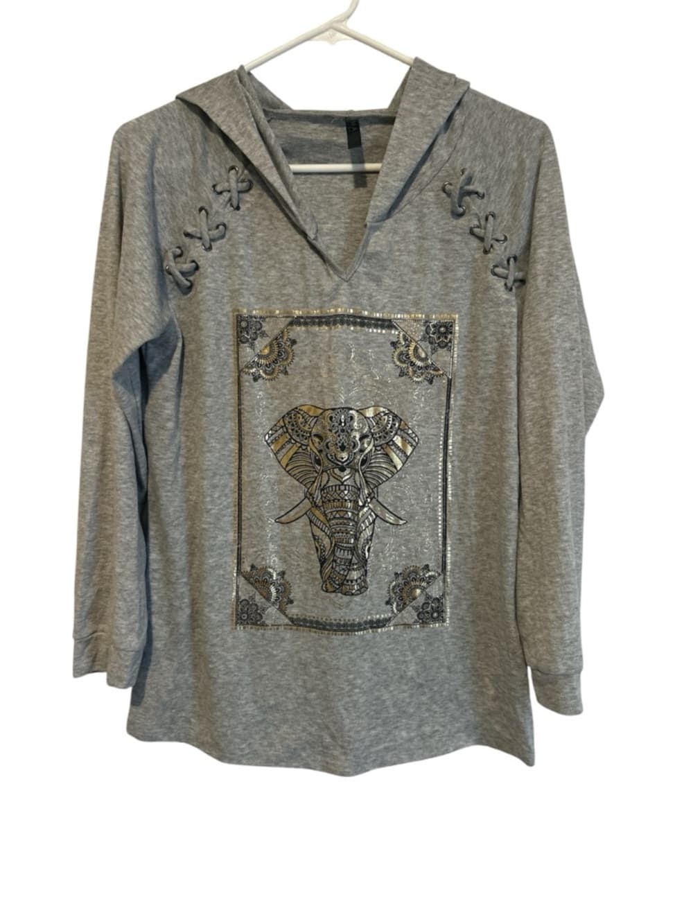 Women’s Emma Designs Size Large Long Sleeve Hooded Tess Shirt, Elephants - Thumbnail 3