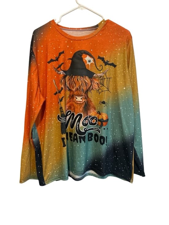 Halloween Highland Cow Graphic Long Sleeve Shirt - Orange Teal Black - Thumbnail 4