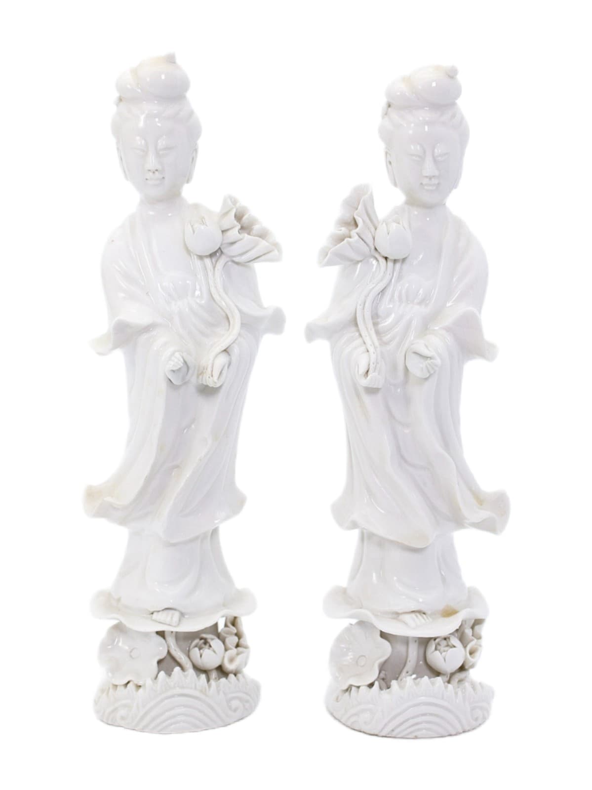 Pair Of Vintage Old Chinese Blanc De Chine Guanyin Porcelain Statues Figures