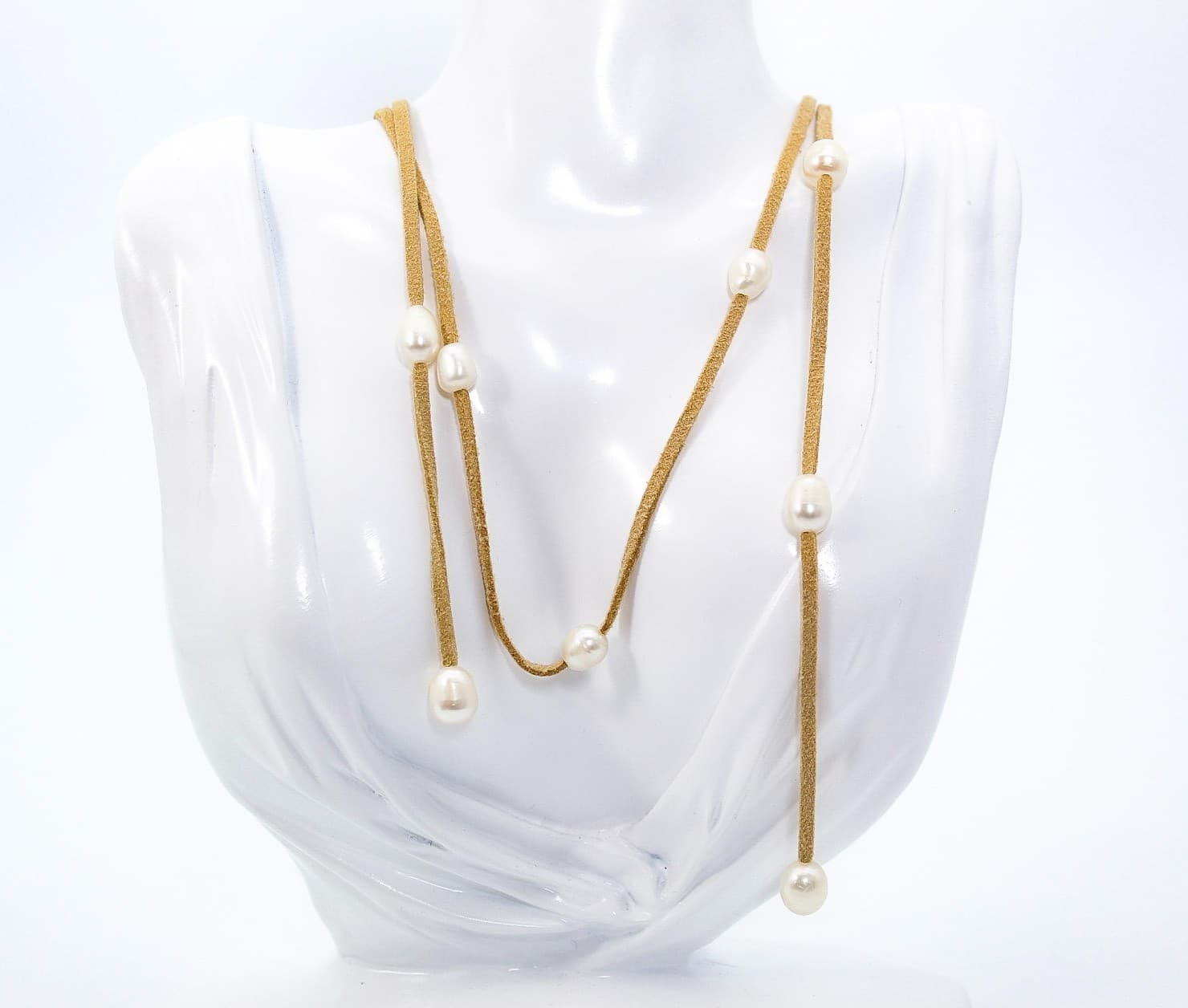 Minimalist Freshwater Natural Pearl Leather Wrap Long Necklace 52" - Thumbnail 2