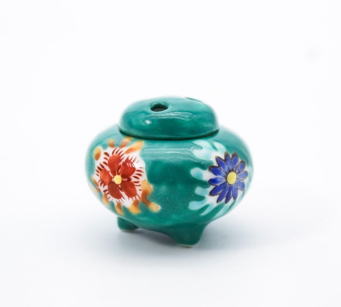 Vintage Kutani Ware Koro Green Floral Japanese Miniature Incense Burner - Thumbnail 3