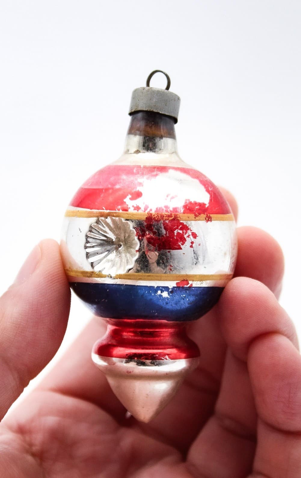 WWII Era Premier Glass Double Reflector Red Blue Stripe Christmas Ornament - Thumbnail 2