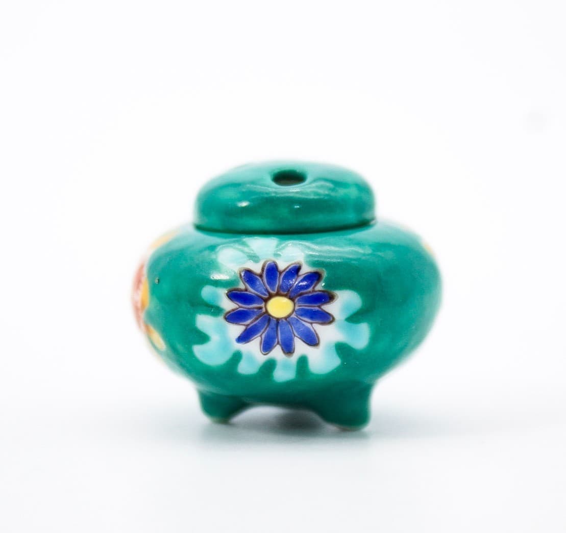 Vintage Kutani Ware Koro Green Floral Japanese Miniature Incense Burner - Thumbnail 5